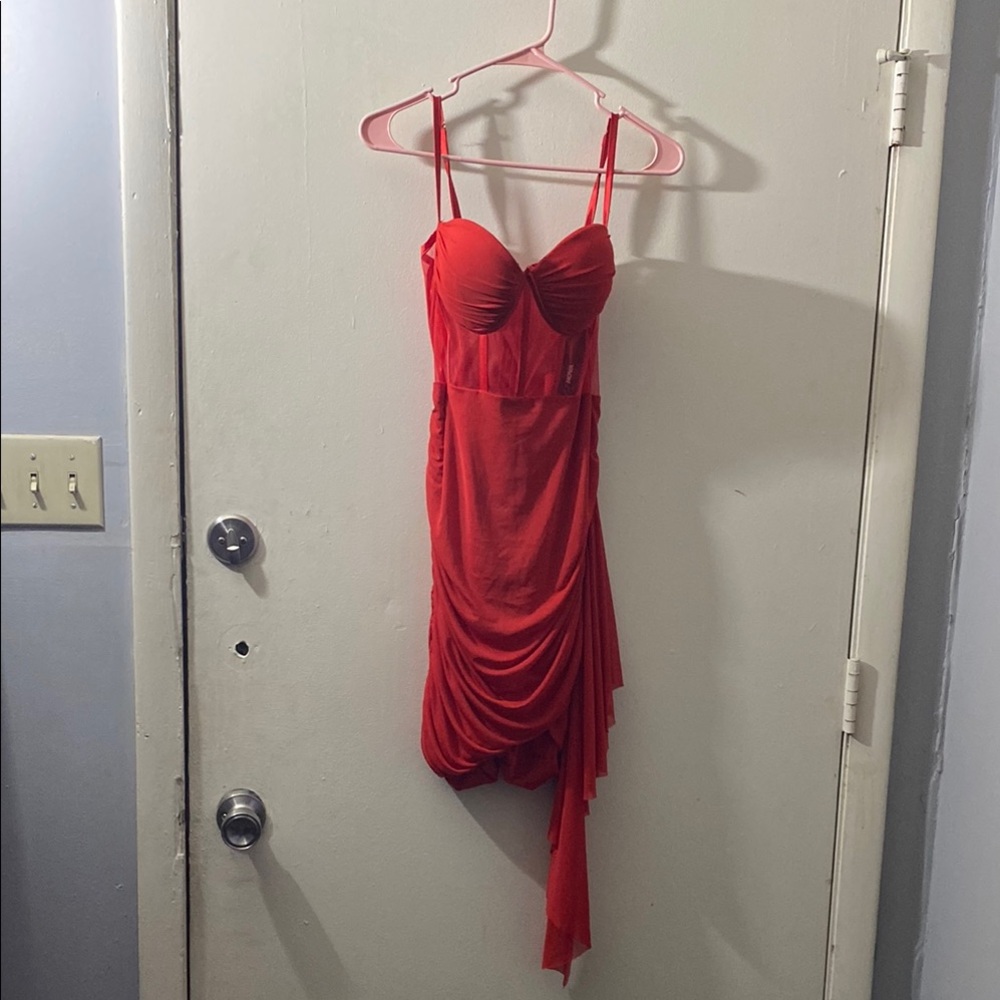 Fashion Nova Red Asymmetrical Ruched Cocktail Dress